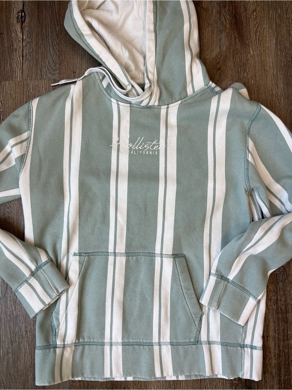 Hollister Sage Green and White Striped Hooded Sweater Y2K style